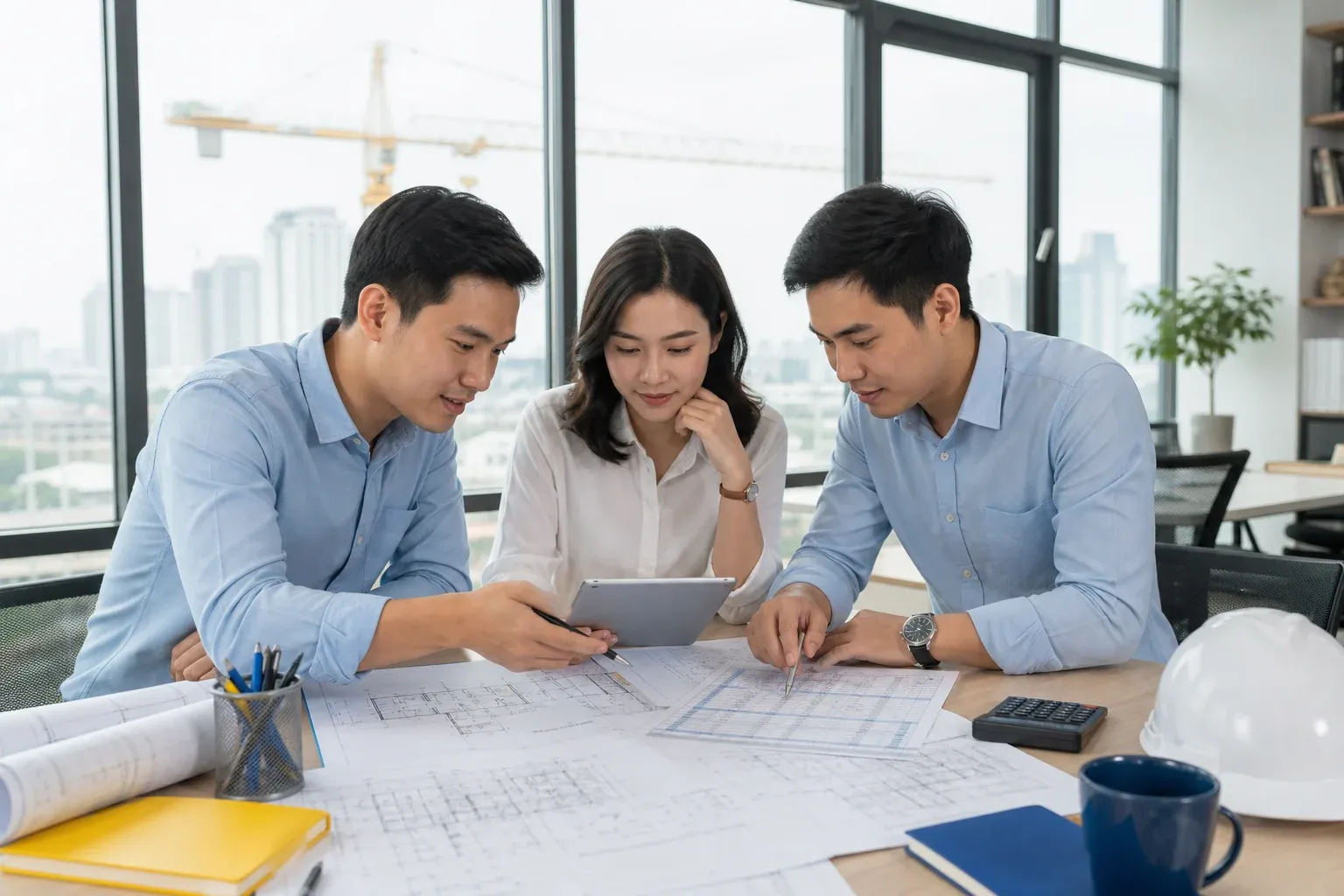 Nhóm chuyên gia tư vấn kinh tế xây dựng trao đổi trên bản vẽ dự án