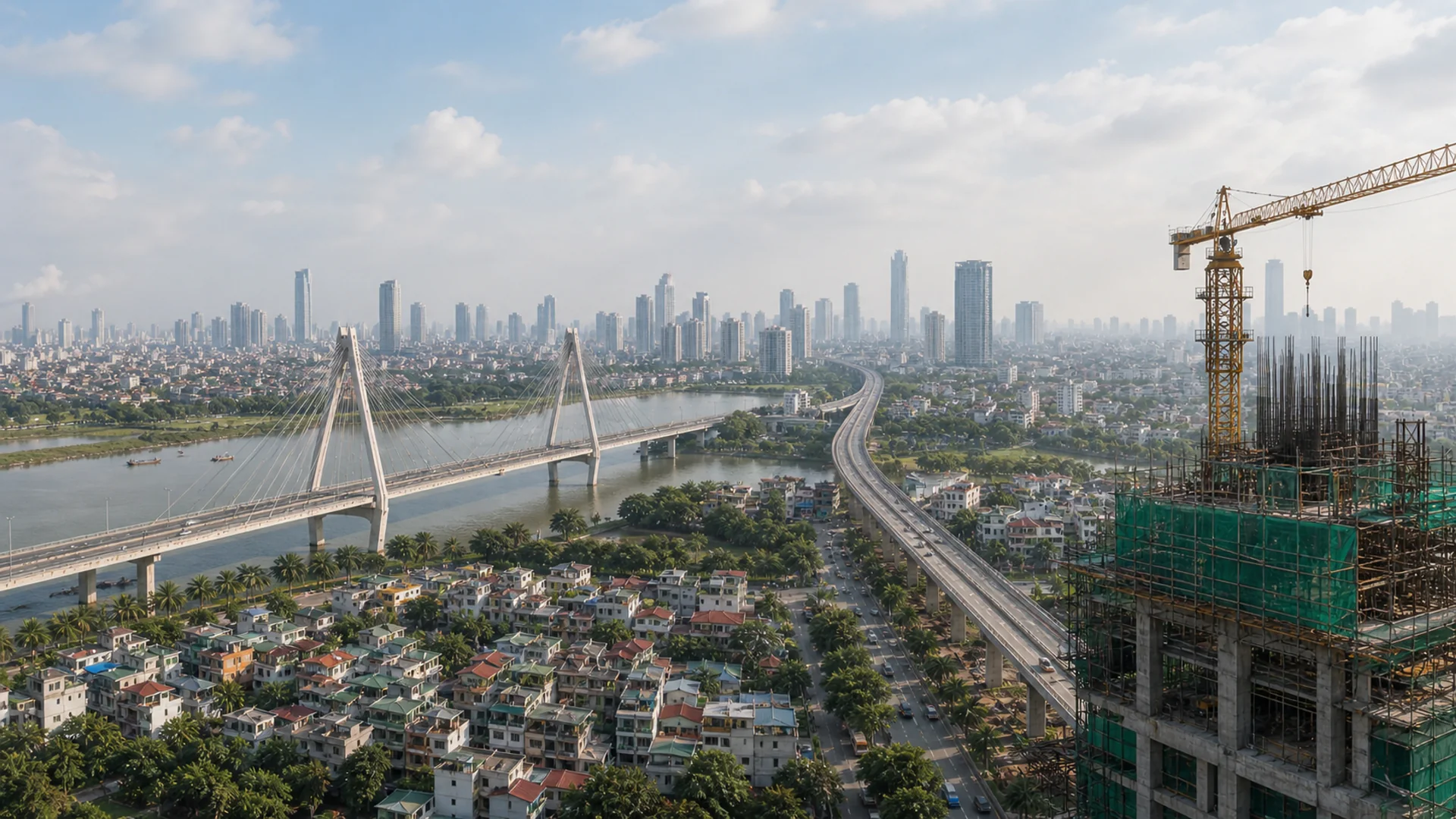 Toàn cảnh Hà Nội từ trên cao: cầu Nhật Tân, tuyến đường vành đai và một công trình cao tầng đang thi công